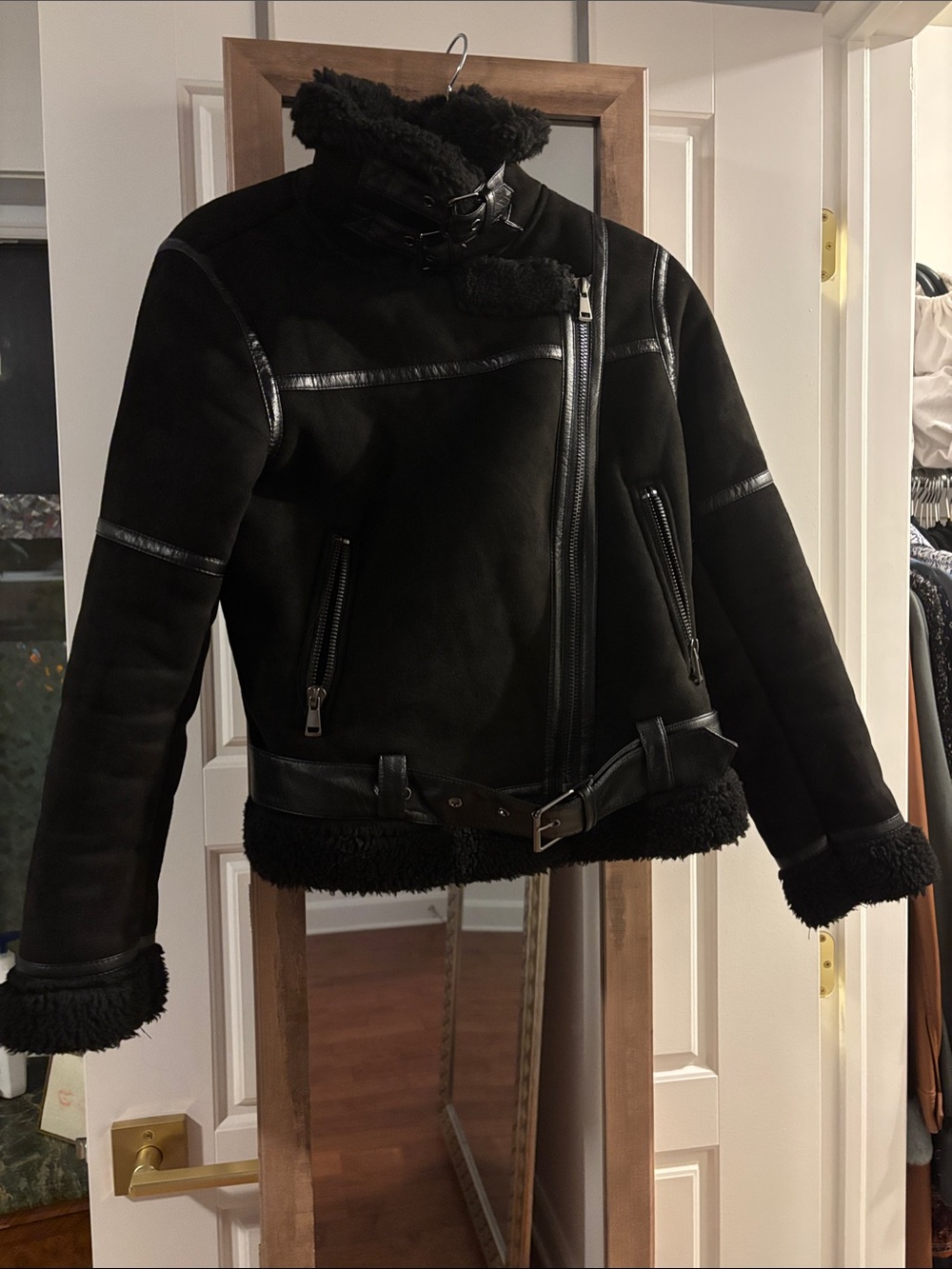 Zara Black Faux Shearling Moto Jacket with Buckle Trim